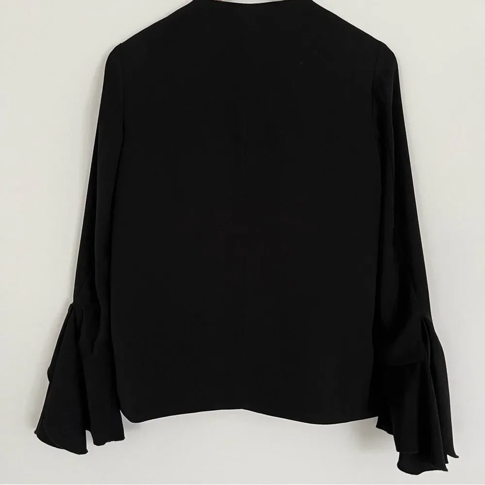 Zara Black Crepe Full Zip Ruffle Bell Sleeve Jacket, Size S NWOT